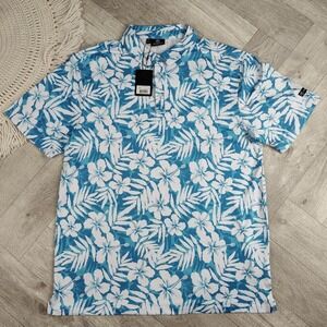 New! GreenSide Golf Men's XL Polo Shirt Blue White Hibiscus Hawaiian Floral